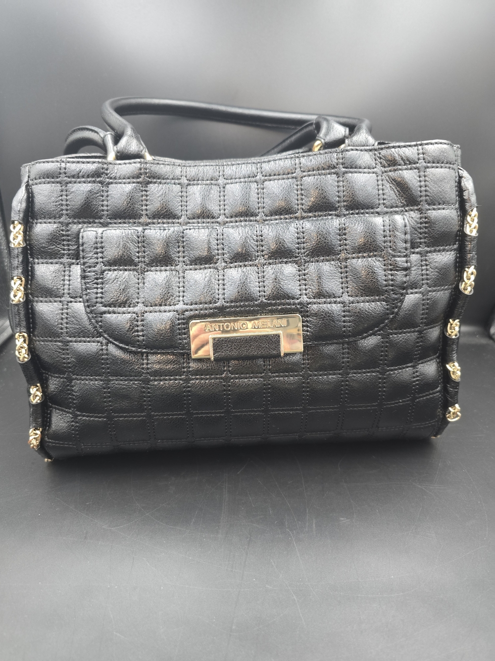 ANTONIO MELANI Black Quilted Top-Handle Satchel with Gold Accents
